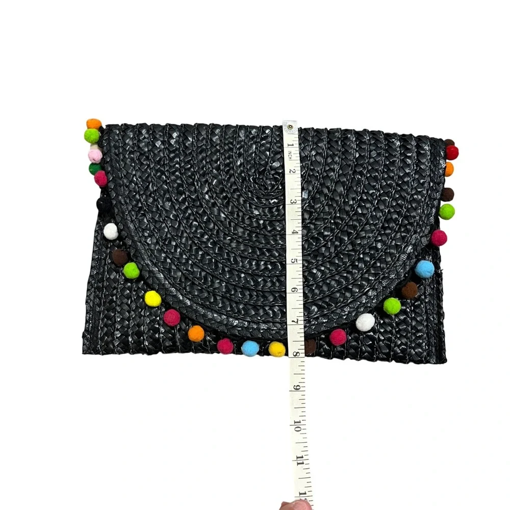 Shiraleah Chicago Woven Straw Clutch Bag Black Multi Color Pom Pom Trim Envelope